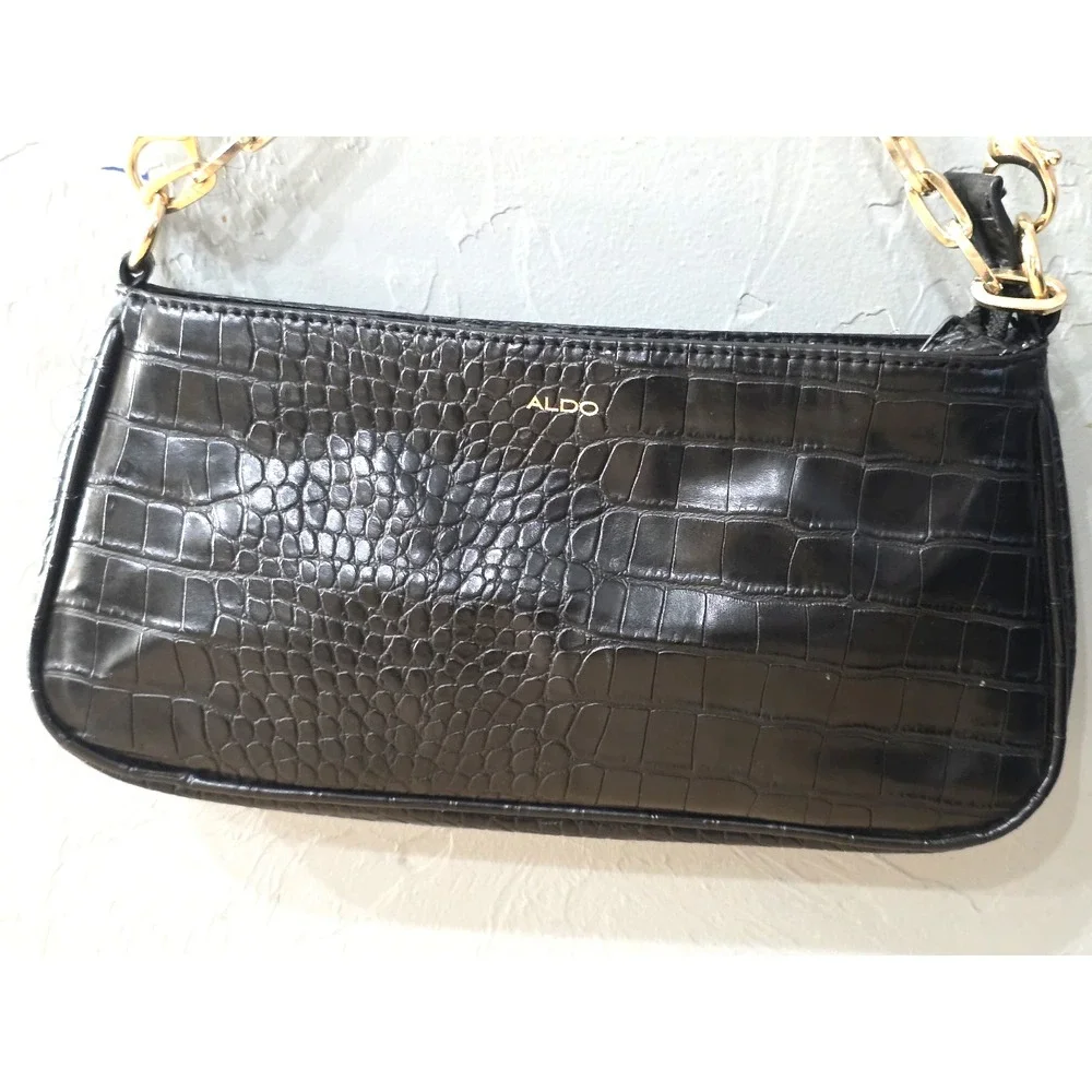 Elegant Aldo Shiny Black Mock Croc Shoulder Bag With Gold Chain Strap Date Night